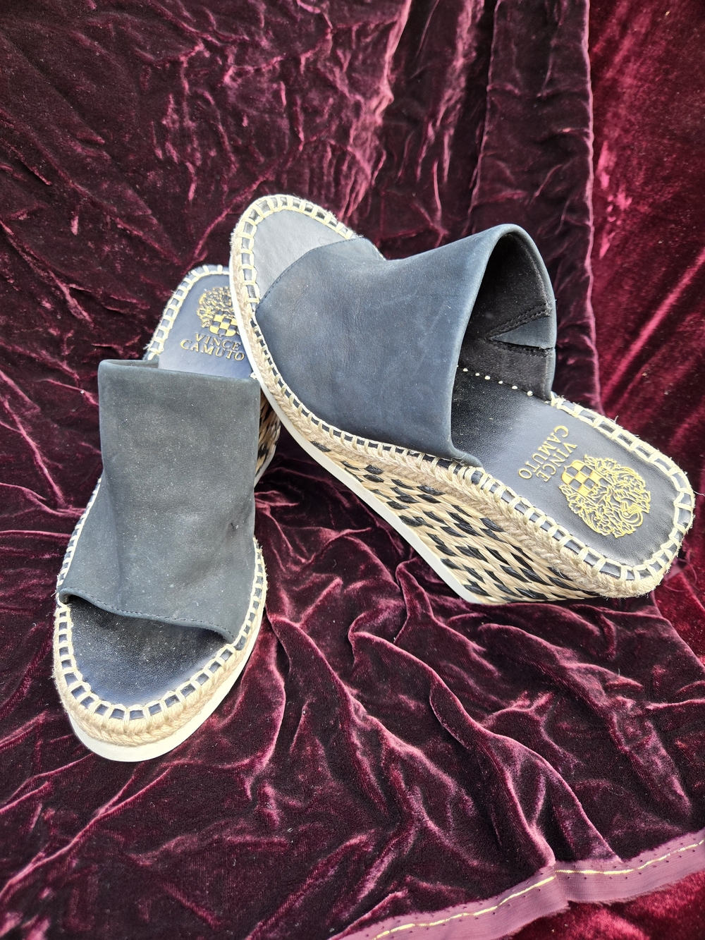 Vince Camuto Espadrille Platform Slide Sandals Black Leather 7